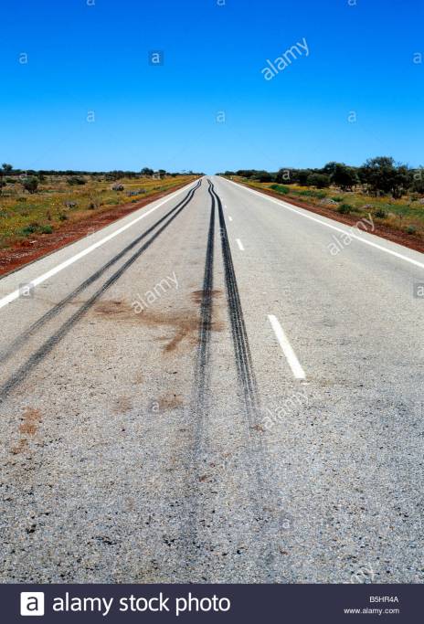 truck-tyre-skid-marks-and-animal-blood-stain-on-country-road-pilbara-b5hr4a